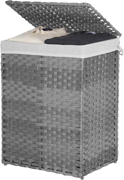 Handwoven Laundry Hamper with Lid, 110L Foldable Rattan Clothes Basket with 2 Removable Liners & 6 Mesh Laundry Bags for Bathroom Bedroom, Grey