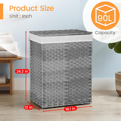 Handwoven Laundry Hamper with Lid, 110L Foldable Rattan Clothes Basket with 2 Removable Liners & 6 Mesh Laundry Bags for Bathroom Bedroom, Grey
