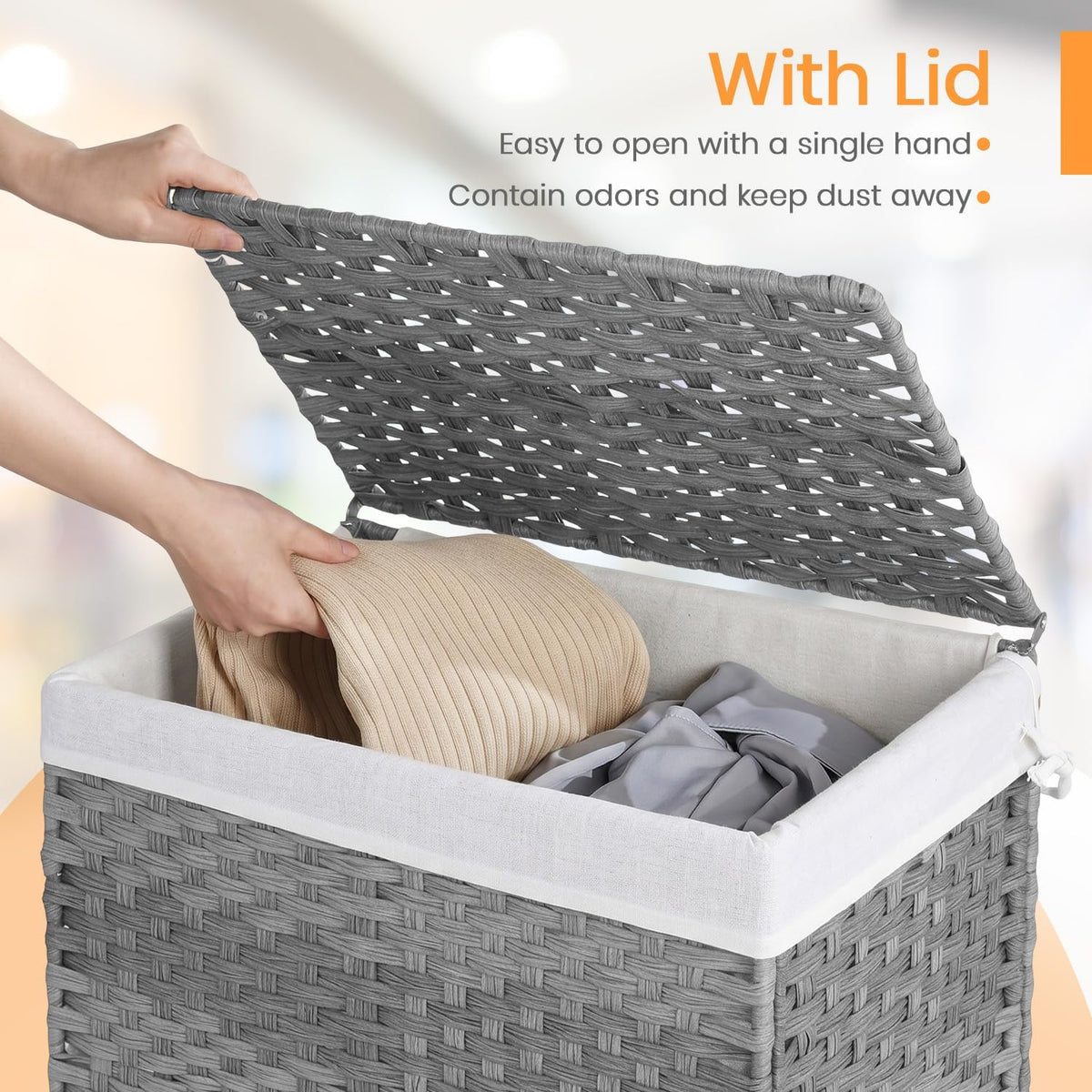 Handwoven Laundry Hamper with Lid, 110L Foldable Rattan Clothes Basket with 2 Removable Liners & 6 Mesh Laundry Bags for Bathroom Bedroom, Grey