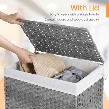 Handwoven Laundry Hamper with Lid, 110L Foldable Rattan Clothes Basket with 2 Removable Liners & 6 Mesh Laundry Bags for Bathroom Bedroom, Grey