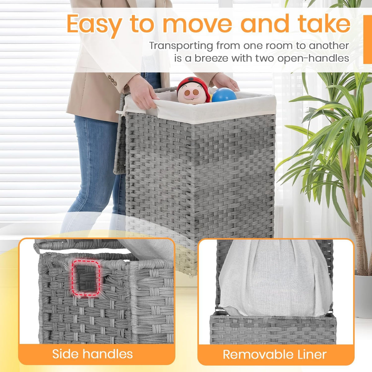 Handwoven Laundry Hamper with Lid, 110L Foldable Rattan Clothes Basket with 2 Removable Liners & 6 Mesh Laundry Bags for Bathroom Bedroom, Grey