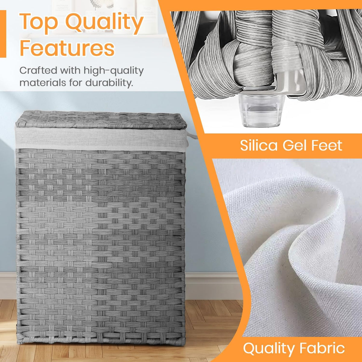 Handwoven Laundry Hamper with Lid, 110L Foldable Rattan Clothes Basket with 2 Removable Liners & 6 Mesh Laundry Bags for Bathroom Bedroom, Grey