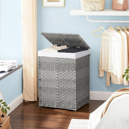 Handwoven Laundry Hamper with Lid, 110L Foldable Rattan Clothes Basket with 2 Removable Liners & 6 Mesh Laundry Bags for Bathroom Bedroom, Grey