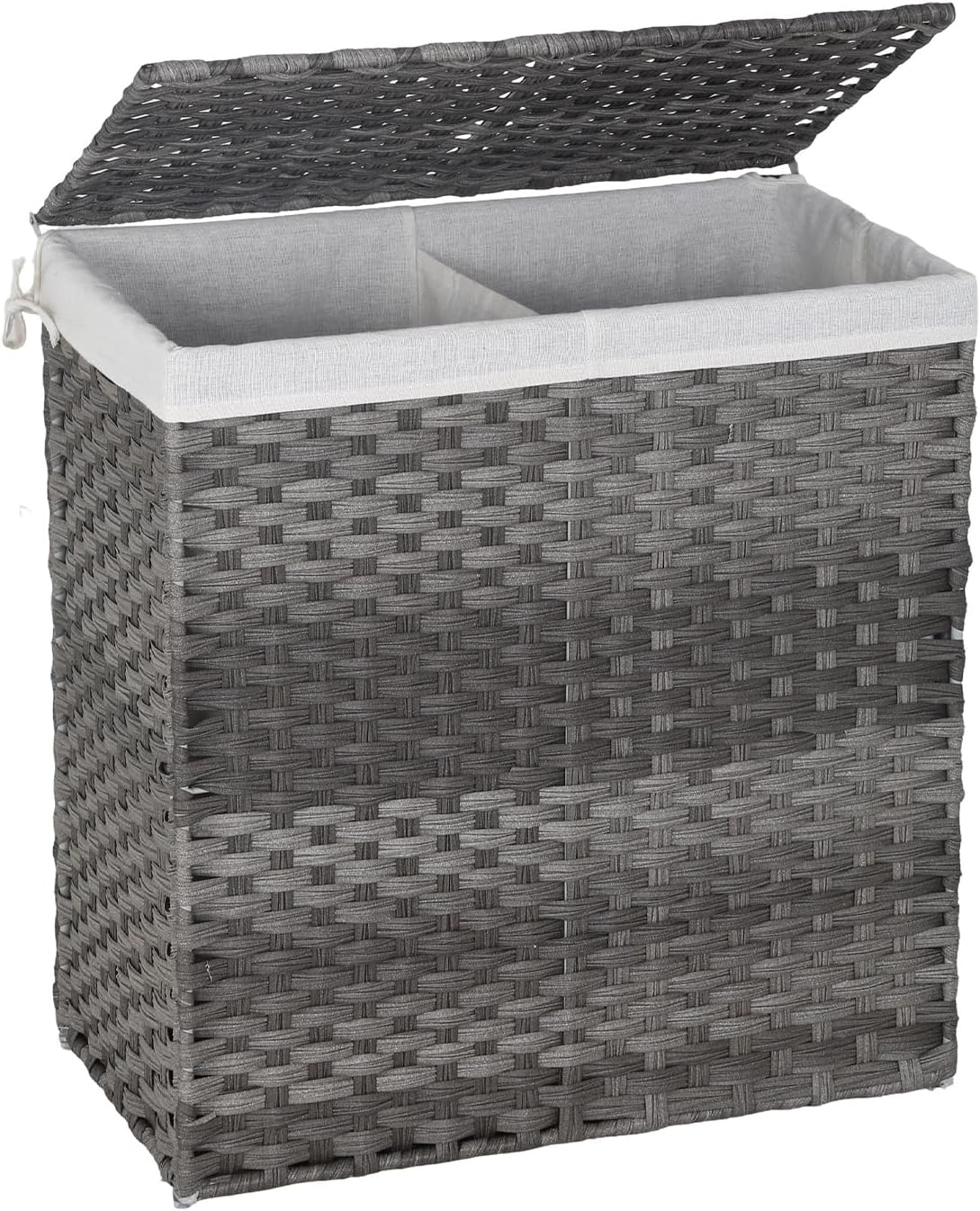 Handwoven Laundry Hamper with Lid, 110L Foldable Rattan Clothes Basket with 2 Removable Liners & 6 Mesh Laundry Bags for Bathroom Bedroom, Grey