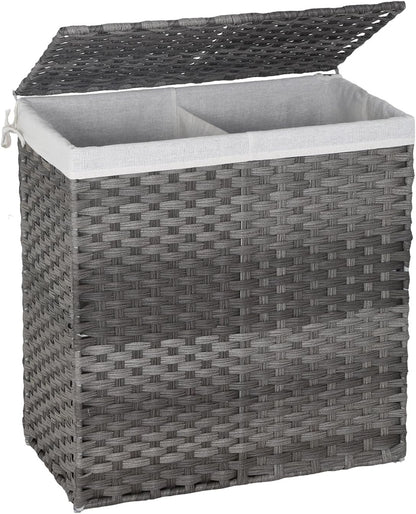 Handwoven Laundry Hamper with Lid, 110L Foldable Rattan Clothes Basket with 2 Removable Liners & 6 Mesh Laundry Bags for Bathroom Bedroom, Grey
