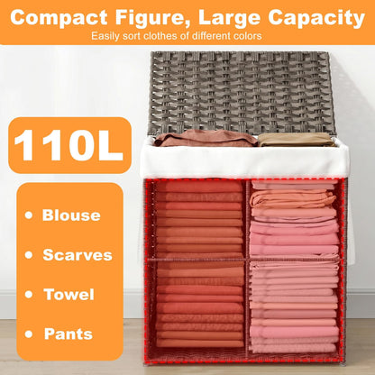 Handwoven Laundry Hamper with Lid, 110L Foldable Rattan Clothes Basket with 2 Removable Liners & 6 Mesh Laundry Bags for Bathroom Bedroom, Grey