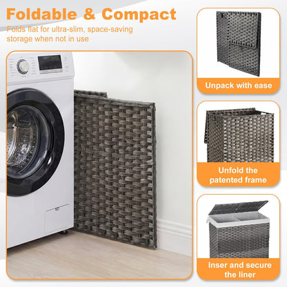 Handwoven Laundry Hamper with Lid, 110L Foldable Rattan Clothes Basket with 2 Removable Liners & 6 Mesh Laundry Bags for Bathroom Bedroom, Grey