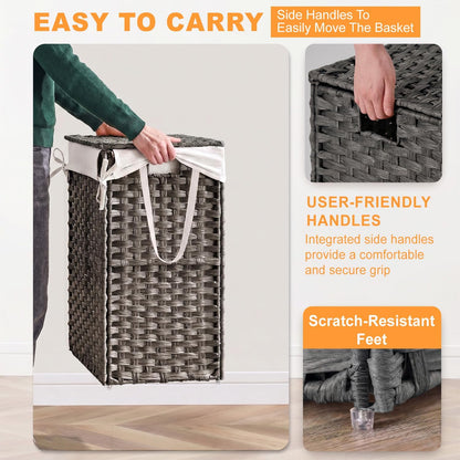 Handwoven Laundry Hamper with Lid, 110L Foldable Rattan Clothes Basket with 2 Removable Liners & 6 Mesh Laundry Bags for Bathroom Bedroom, Grey