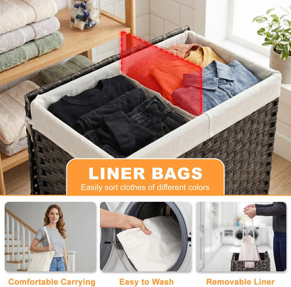Handwoven Laundry Hamper with Lid, 110L Foldable Rattan Clothes Basket with 2 Removable Liners & 6 Mesh Laundry Bags for Bathroom Bedroom, Grey