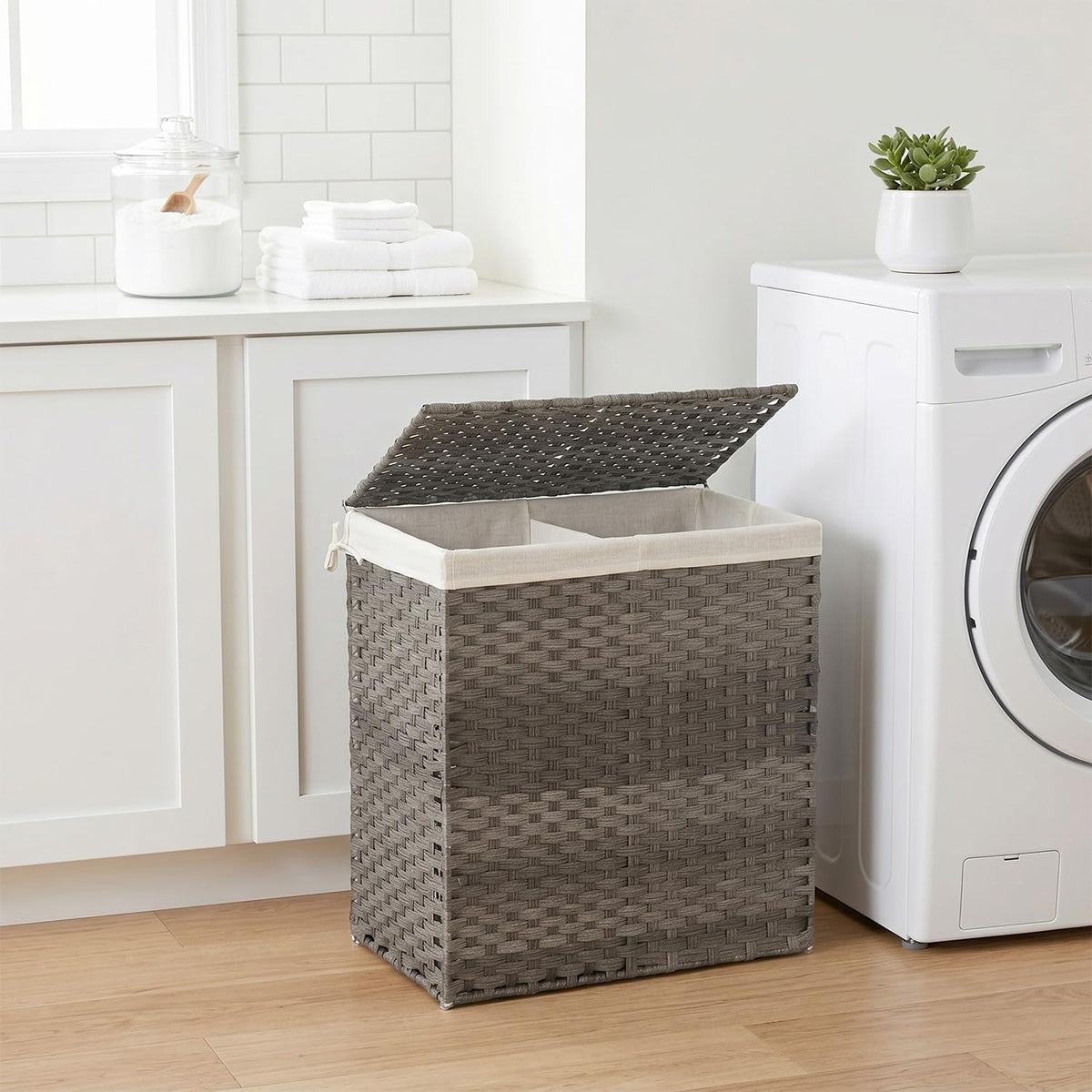 Handwoven Laundry Hamper with Lid, 110L Foldable Rattan Clothes Basket with 2 Removable Liners & 6 Mesh Laundry Bags for Bathroom Bedroom, Grey