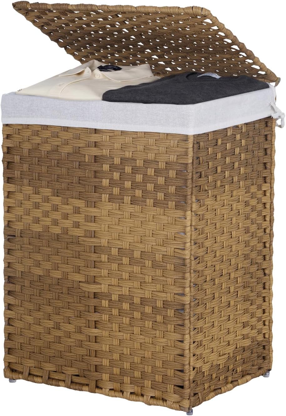 Handwoven Laundry Hamper with Lid, 110L Foldable Rattan Clothes Basket with 2 Removable Liners & 6 Mesh Laundry Bags for Bathroom Bedroom, Grey