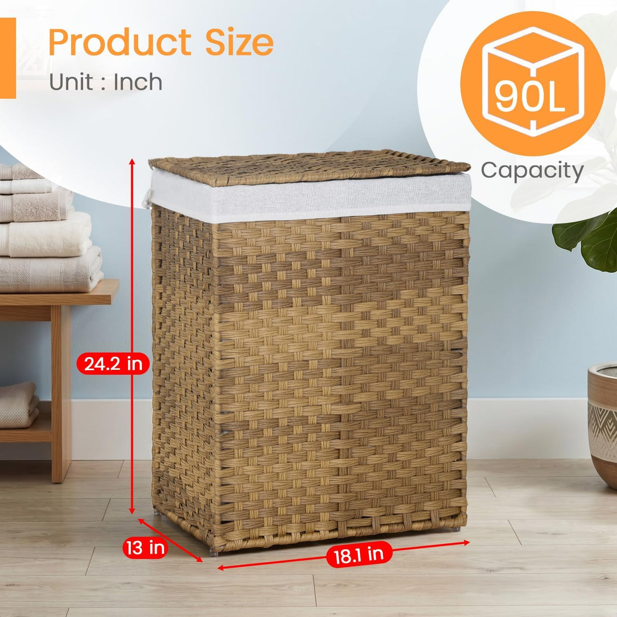 Handwoven Laundry Hamper with Lid, 110L Foldable Rattan Clothes Basket with 2 Removable Liners & 6 Mesh Laundry Bags for Bathroom Bedroom, Grey