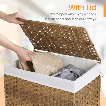 Handwoven Laundry Hamper with Lid, 110L Foldable Rattan Clothes Basket with 2 Removable Liners & 6 Mesh Laundry Bags for Bathroom Bedroom, Grey