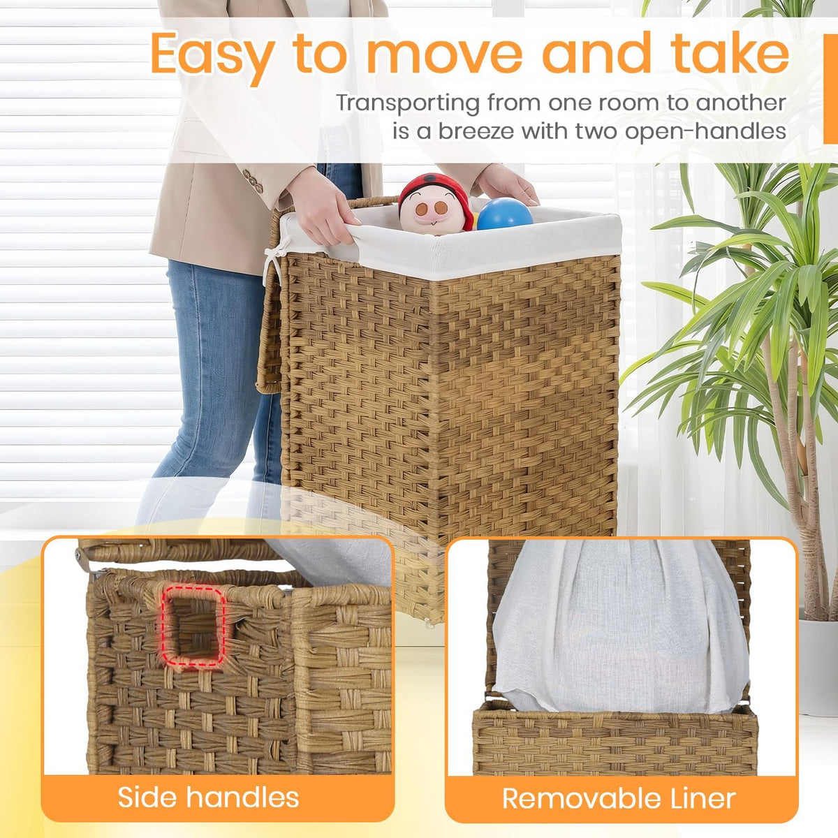 Handwoven Laundry Hamper with Lid, 110L Foldable Rattan Clothes Basket with 2 Removable Liners & 6 Mesh Laundry Bags for Bathroom Bedroom, Grey