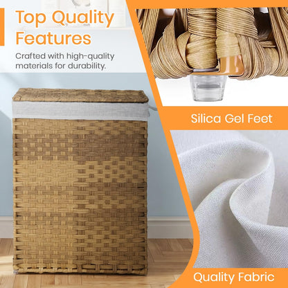 Handwoven Laundry Hamper with Lid, 110L Foldable Rattan Clothes Basket with 2 Removable Liners & 6 Mesh Laundry Bags for Bathroom Bedroom, Grey