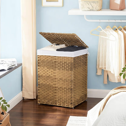 Handwoven Laundry Hamper with Lid, 110L Foldable Rattan Clothes Basket with 2 Removable Liners & 6 Mesh Laundry Bags for Bathroom Bedroom, Grey
