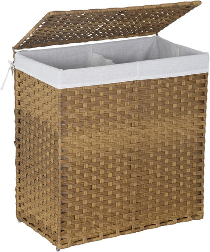 Handwoven Laundry Hamper with Lid, 110L Foldable Rattan Clothes Basket with 2 Removable Liners & 6 Mesh Laundry Bags for Bathroom Bedroom, Grey