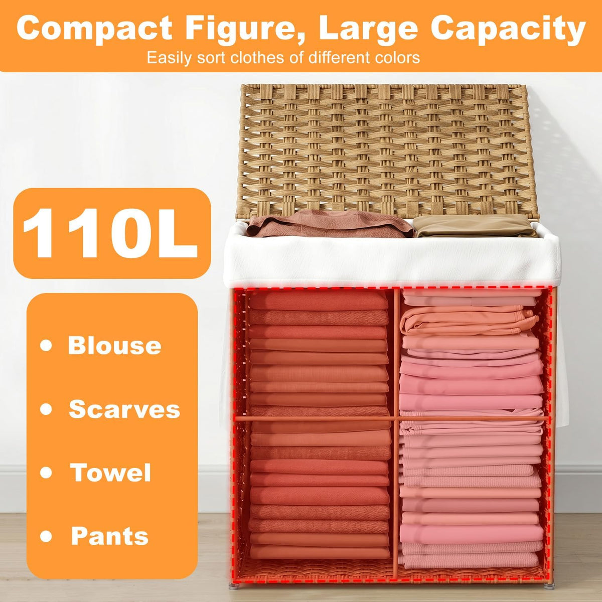 Handwoven Laundry Hamper with Lid, 110L Foldable Rattan Clothes Basket with 2 Removable Liners & 6 Mesh Laundry Bags for Bathroom Bedroom, Grey