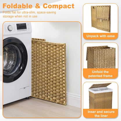 Handwoven Laundry Hamper with Lid, 110L Foldable Rattan Clothes Basket with 2 Removable Liners & 6 Mesh Laundry Bags for Bathroom Bedroom, Grey