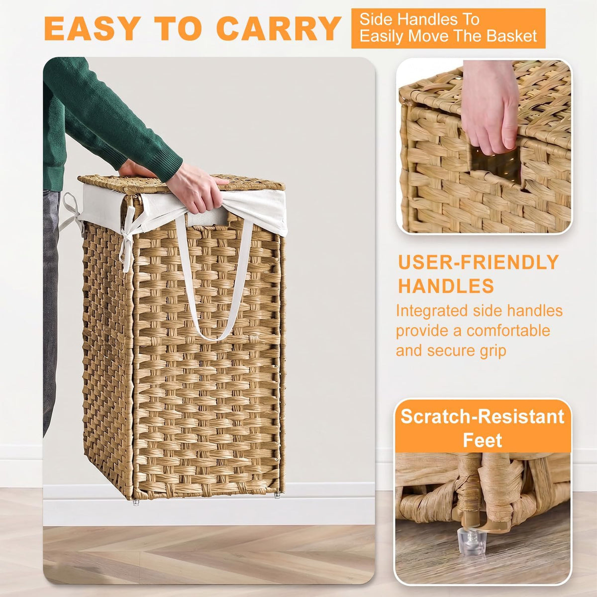 Handwoven Laundry Hamper with Lid, 110L Foldable Rattan Clothes Basket with 2 Removable Liners & 6 Mesh Laundry Bags for Bathroom Bedroom, Grey