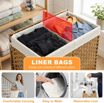 Handwoven Laundry Hamper with Lid, 110L Foldable Rattan Clothes Basket with 2 Removable Liners & 6 Mesh Laundry Bags for Bathroom Bedroom, Grey