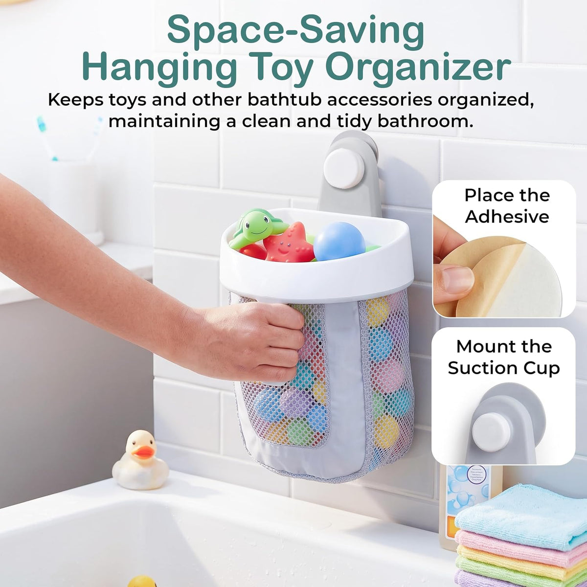 Baby Bath Toy Storage Caddy, Easy Access Mesh Storage, Kids Bath Toys Storage, Hanging Bath Toy Holder with Suction Cup, Bathtub Toy Organizer