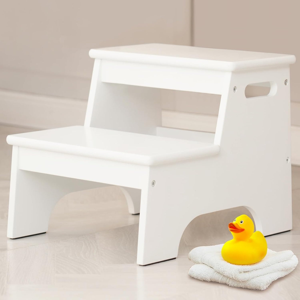 Wood Toddler Step Stool for Bathroom Sink, White Kids Toilet Step Stool for Potty Training, Small Child Baby Girl Boy 2 Stepping Stool with Handle for Kitchen Counter Nursery Bedroom Closet