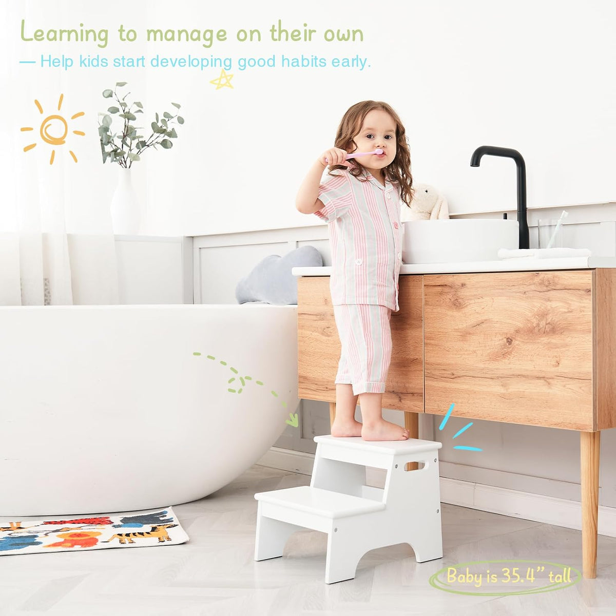 Wood Toddler Step Stool for Bathroom Sink, White Kids Toilet Step Stool for Potty Training, Small Child Baby Girl Boy 2 Stepping Stool with Handle for Kitchen Counter Nursery Bedroom Closet