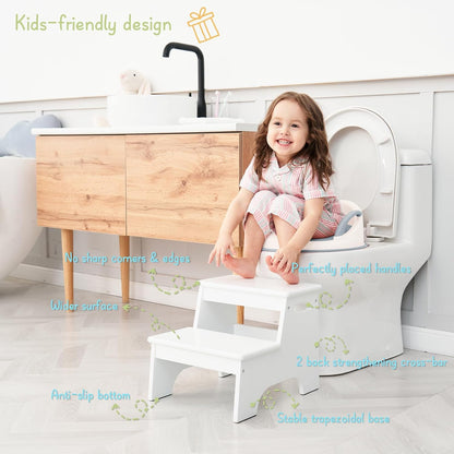 Wood Toddler Step Stool for Bathroom Sink, White Kids Toilet Step Stool for Potty Training, Small Child Baby Girl Boy 2 Stepping Stool with Handle for Kitchen Counter Nursery Bedroom Closet