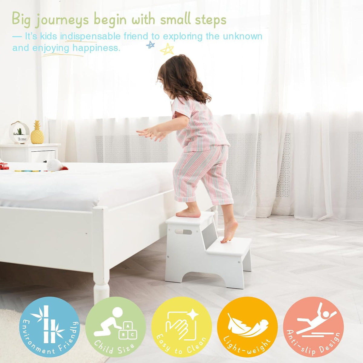 Wood Toddler Step Stool for Bathroom Sink, White Kids Toilet Step Stool for Potty Training, Small Child Baby Girl Boy 2 Stepping Stool with Handle for Kitchen Counter Nursery Bedroom Closet