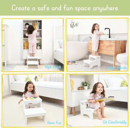 Wood Toddler Step Stool for Bathroom Sink, White Kids Toilet Step Stool for Potty Training, Small Child Baby Girl Boy 2 Stepping Stool with Handle for Kitchen Counter Nursery Bedroom Closet