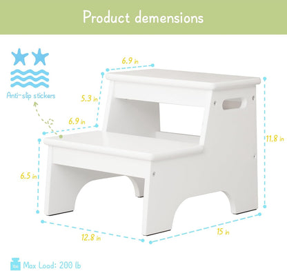 Wood Toddler Step Stool for Bathroom Sink, White Kids Toilet Step Stool for Potty Training, Small Child Baby Girl Boy 2 Stepping Stool with Handle for Kitchen Counter Nursery Bedroom Closet