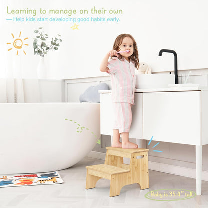 Wood Toddler Step Stool for Bathroom Sink, White Kids Toilet Step Stool for Potty Training, Small Child Baby Girl Boy 2 Stepping Stool with Handle for Kitchen Counter Nursery Bedroom Closet