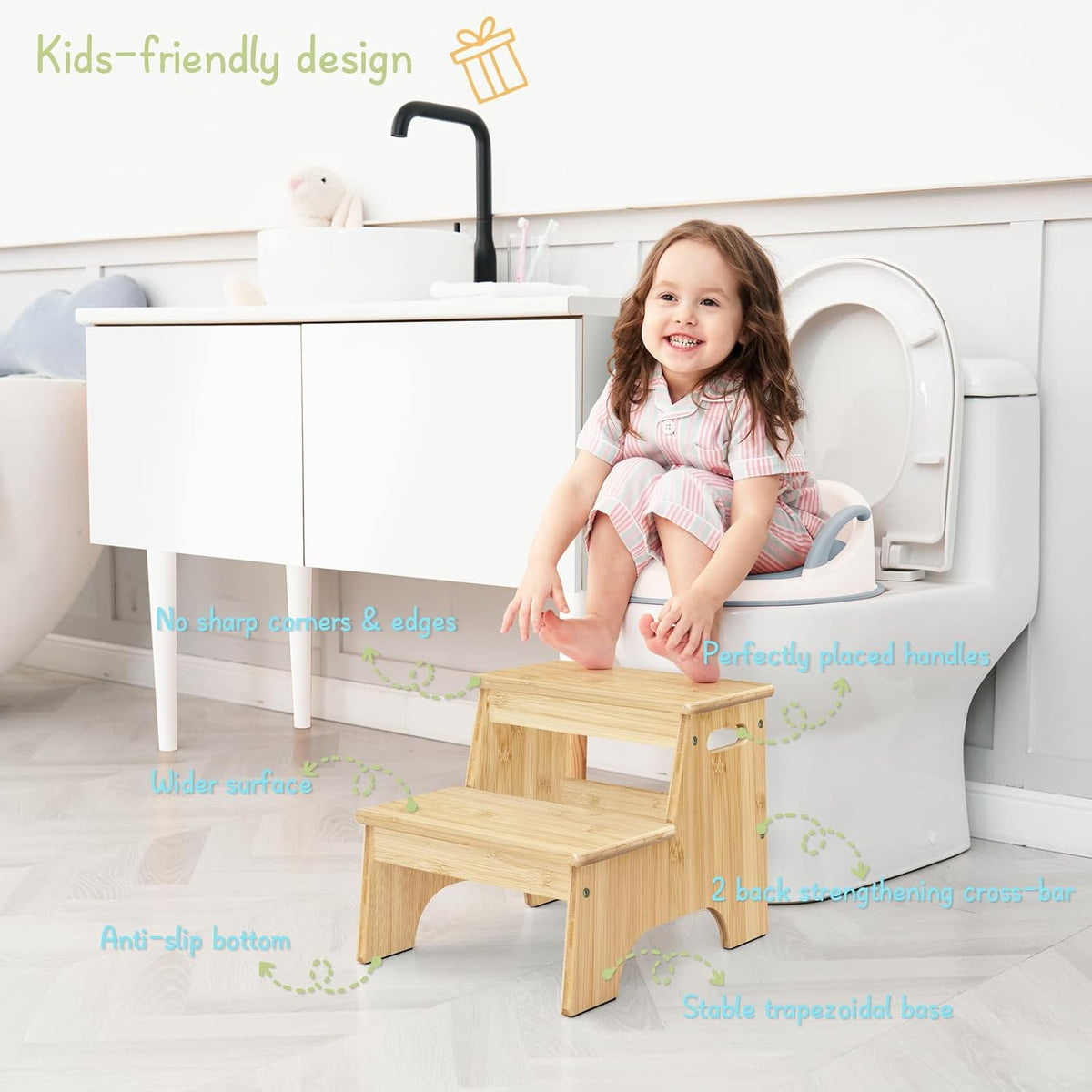 Wood Toddler Step Stool for Bathroom Sink, White Kids Toilet Step Stool for Potty Training, Small Child Baby Girl Boy 2 Stepping Stool with Handle for Kitchen Counter Nursery Bedroom Closet