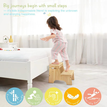 Wood Toddler Step Stool for Bathroom Sink, White Kids Toilet Step Stool for Potty Training, Small Child Baby Girl Boy 2 Stepping Stool with Handle for Kitchen Counter Nursery Bedroom Closet
