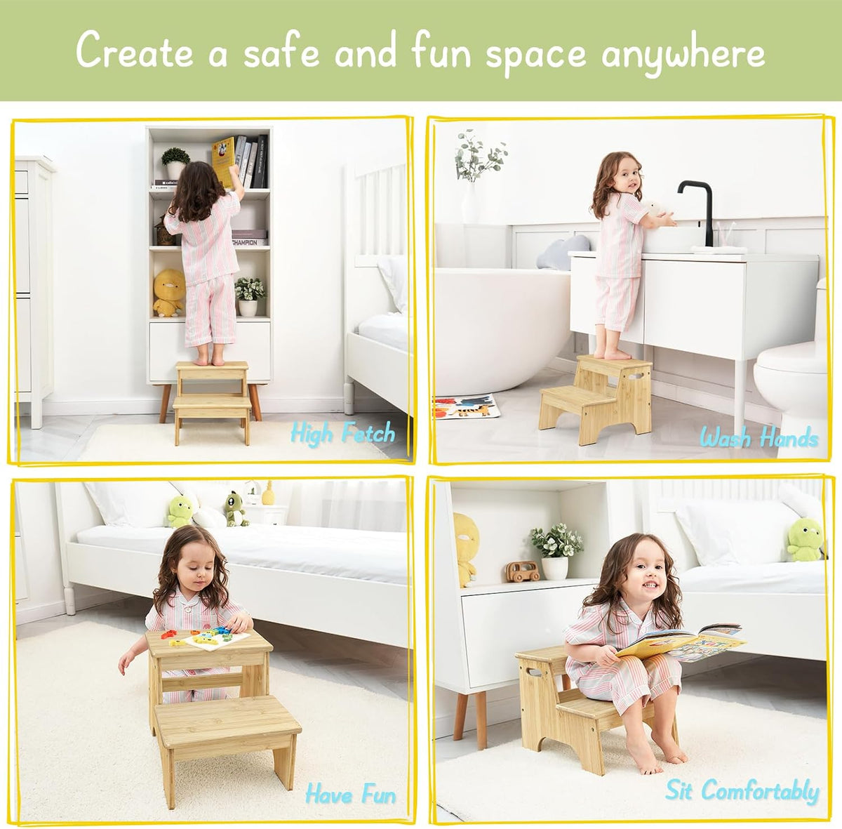 Wood Toddler Step Stool for Bathroom Sink, White Kids Toilet Step Stool for Potty Training, Small Child Baby Girl Boy 2 Stepping Stool with Handle for Kitchen Counter Nursery Bedroom Closet