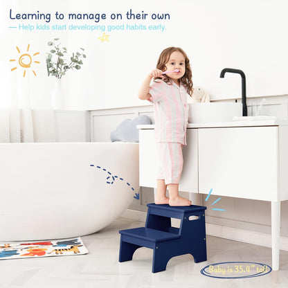 Wood Toddler Step Stool for Bathroom Sink, White Kids Toilet Step Stool for Potty Training, Small Child Baby Girl Boy 2 Stepping Stool with Handle for Kitchen Counter Nursery Bedroom Closet