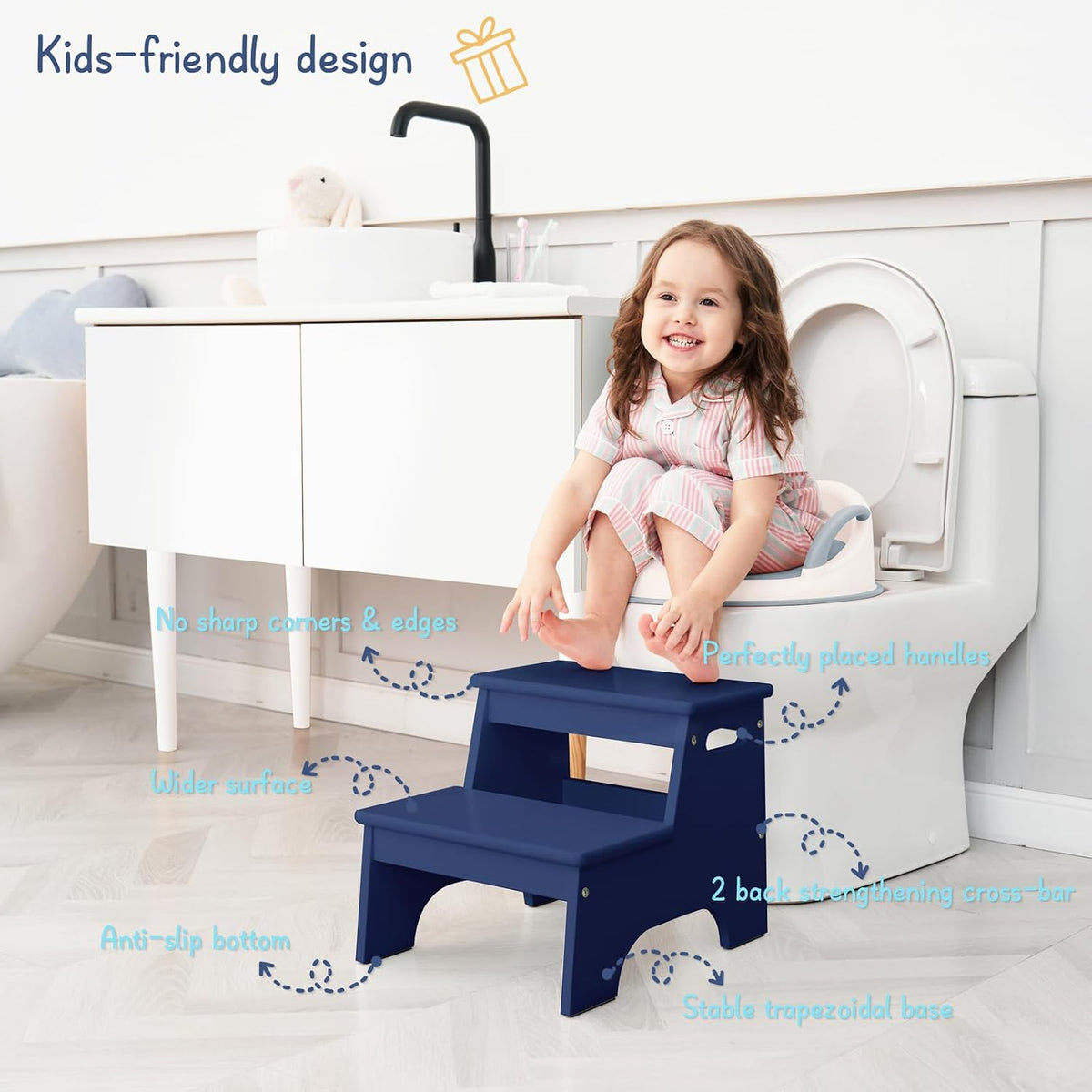Wood Toddler Step Stool for Bathroom Sink, White Kids Toilet Step Stool for Potty Training, Small Child Baby Girl Boy 2 Stepping Stool with Handle for Kitchen Counter Nursery Bedroom Closet
