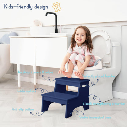Wood Toddler Step Stool for Bathroom Sink, White Kids Toilet Step Stool for Potty Training, Small Child Baby Girl Boy 2 Stepping Stool with Handle for Kitchen Counter Nursery Bedroom Closet