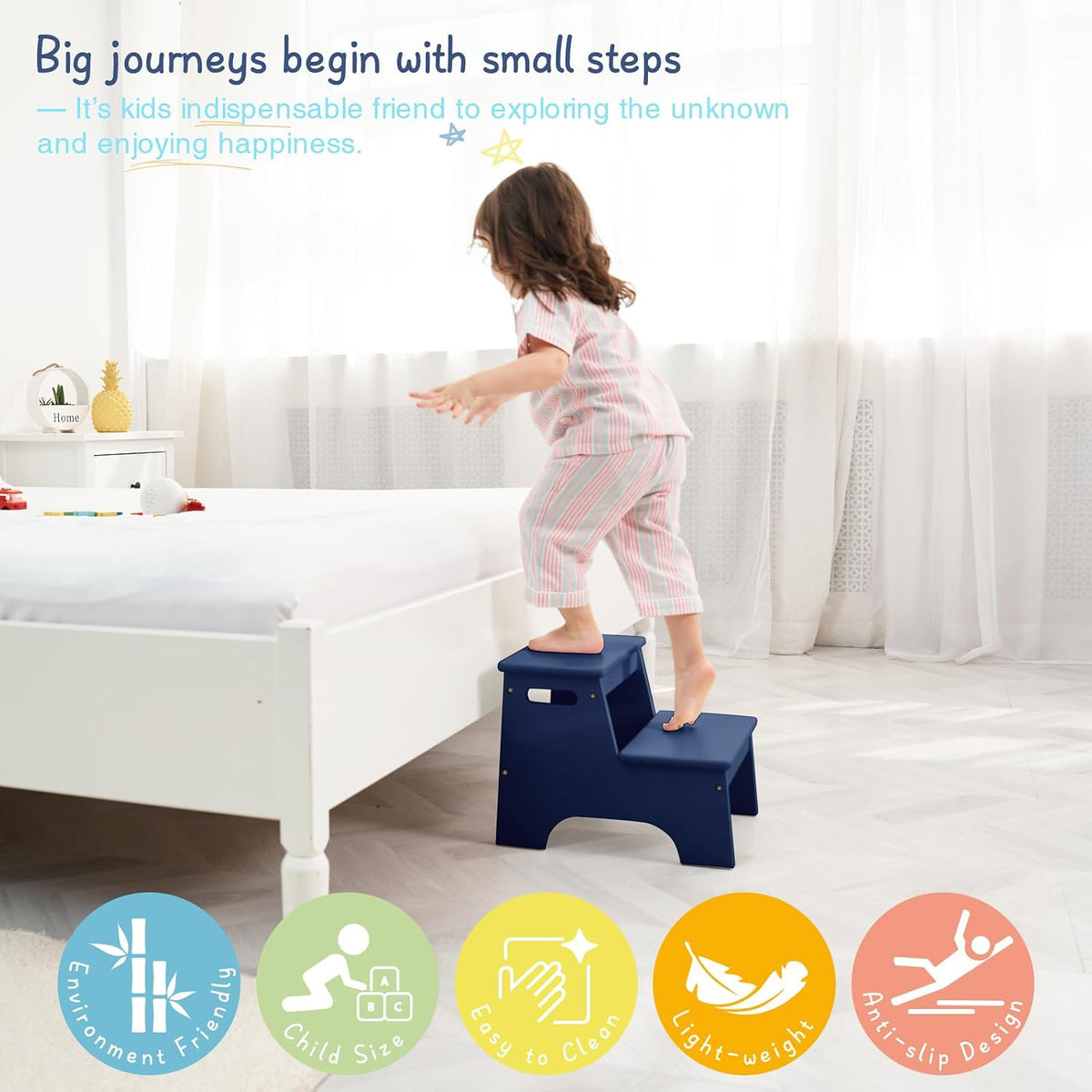 Wood Toddler Step Stool for Bathroom Sink, White Kids Toilet Step Stool for Potty Training, Small Child Baby Girl Boy 2 Stepping Stool with Handle for Kitchen Counter Nursery Bedroom Closet