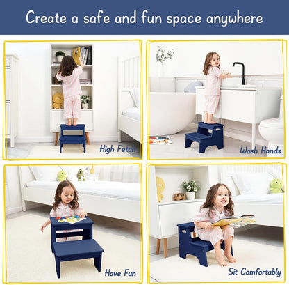 Wood Toddler Step Stool for Bathroom Sink, White Kids Toilet Step Stool for Potty Training, Small Child Baby Girl Boy 2 Stepping Stool with Handle for Kitchen Counter Nursery Bedroom Closet
