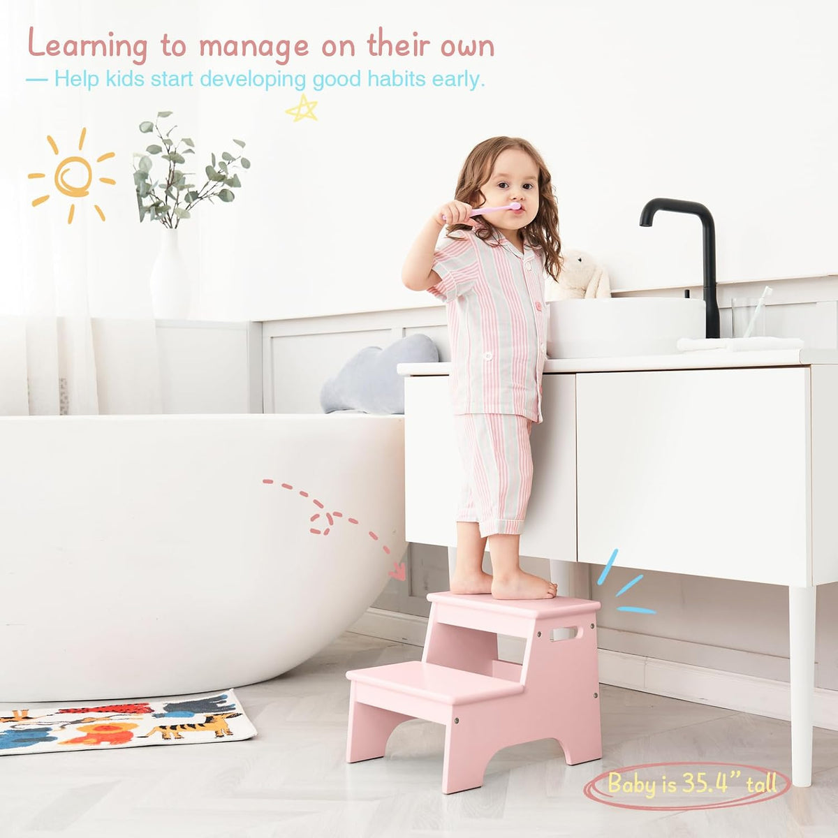 Wood Toddler Step Stool for Bathroom Sink, White Kids Toilet Step Stool for Potty Training, Small Child Baby Girl Boy 2 Stepping Stool with Handle for Kitchen Counter Nursery Bedroom Closet
