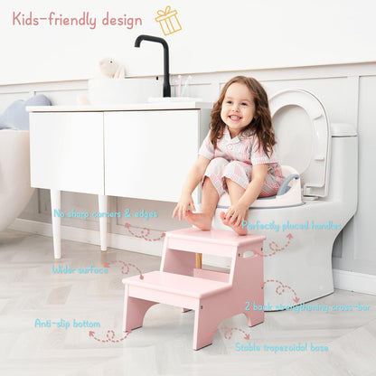 Wood Toddler Step Stool for Bathroom Sink, White Kids Toilet Step Stool for Potty Training, Small Child Baby Girl Boy 2 Stepping Stool with Handle for Kitchen Counter Nursery Bedroom Closet
