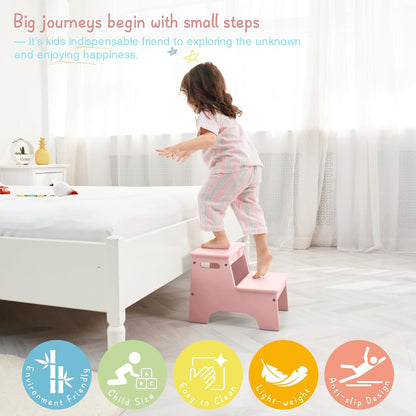 Wood Toddler Step Stool for Bathroom Sink, White Kids Toilet Step Stool for Potty Training, Small Child Baby Girl Boy 2 Stepping Stool with Handle for Kitchen Counter Nursery Bedroom Closet