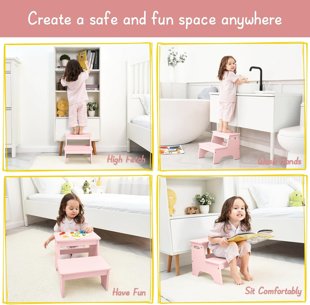 Wood Toddler Step Stool for Bathroom Sink, White Kids Toilet Step Stool for Potty Training, Small Child Baby Girl Boy 2 Stepping Stool with Handle for Kitchen Counter Nursery Bedroom Closet