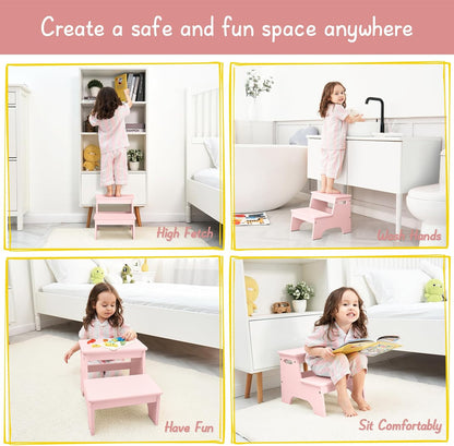 Wood Toddler Step Stool for Bathroom Sink, White Kids Toilet Step Stool for Potty Training, Small Child Baby Girl Boy 2 Stepping Stool with Handle for Kitchen Counter Nursery Bedroom Closet
