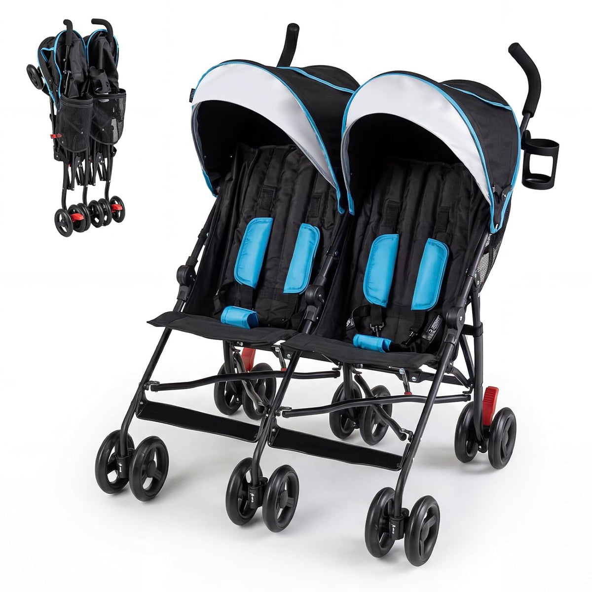 Double Umbrella Stroller, Side by Side Infant Lightweight Stroller, Quick Fold Compact for Travel, Cup Holder, Storage Bag, Folding Twin Stroller Newborn and Toddler(Blue)