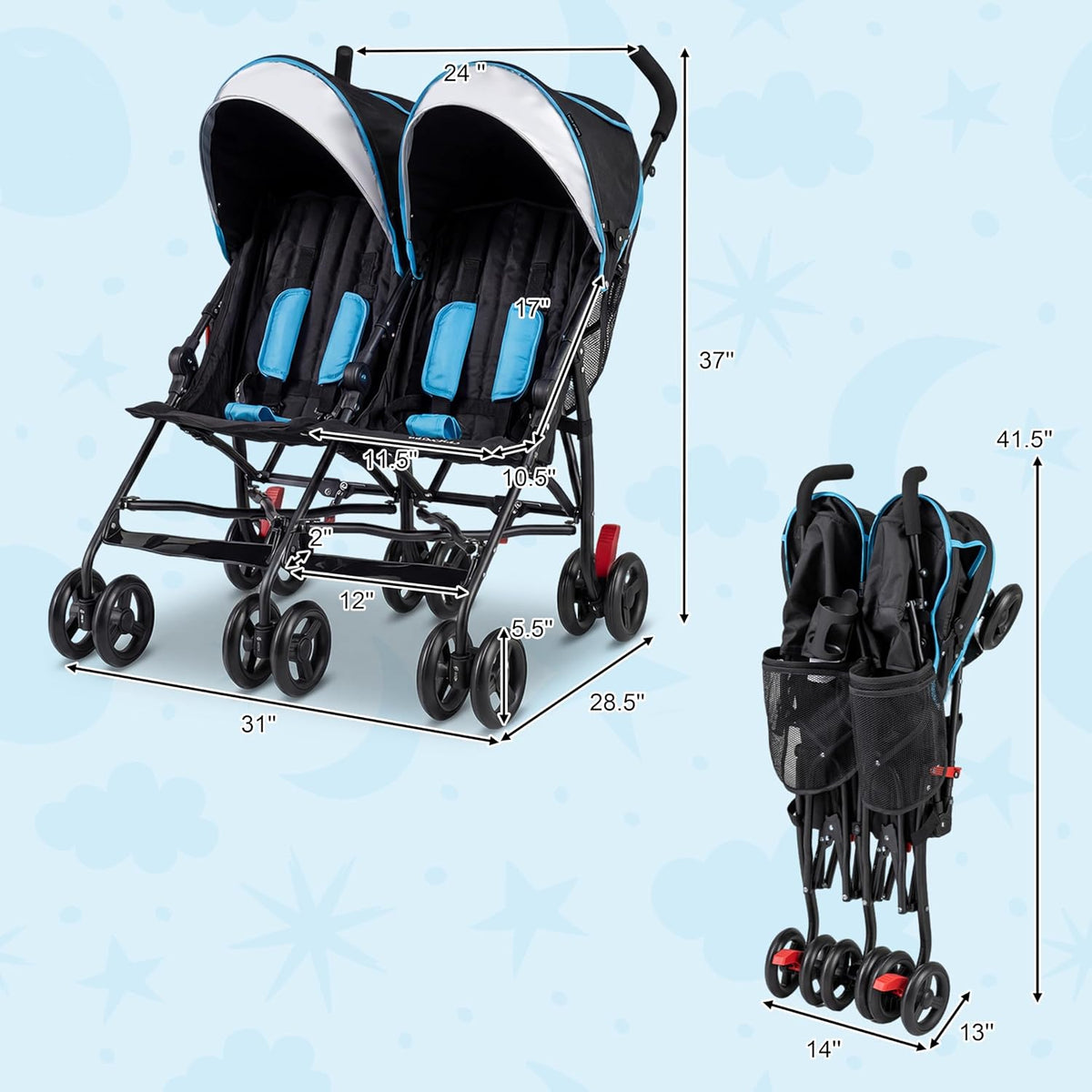 Double Umbrella Stroller, Side by Side Infant Lightweight Stroller, Quick Fold Compact for Travel, Cup Holder, Storage Bag, Folding Twin Stroller Newborn and Toddler(Blue)