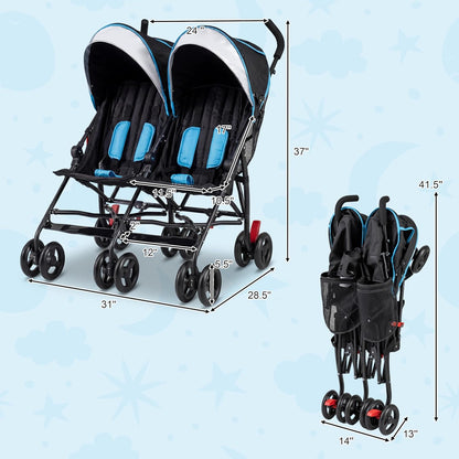 Double Umbrella Stroller, Side by Side Infant Lightweight Stroller, Quick Fold Compact for Travel, Cup Holder, Storage Bag, Folding Twin Stroller Newborn and Toddler(Blue)