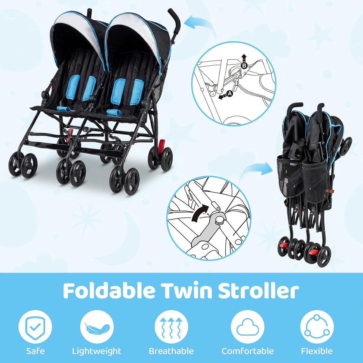 Double Umbrella Stroller, Side by Side Infant Lightweight Stroller, Quick Fold Compact for Travel, Cup Holder, Storage Bag, Folding Twin Stroller Newborn and Toddler(Blue)